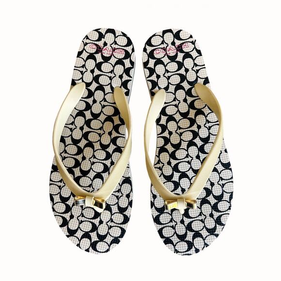 Coach Women’s Signature C Flip Flop Sandals in Black & Beige  Size 7/8 - Picture 1 of 6